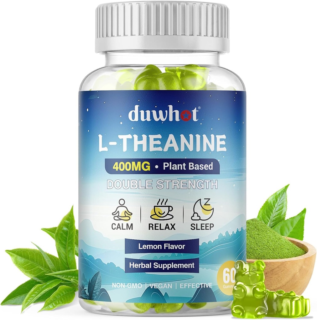 L-Theanine Gummies 400mg, Chewable Theanine Supplement for Adults & Kids 4+, Natural Stress Relief, zzZ & Focus Supplement, Vegan, Low Sugar, Non-Drowsy, Lemon Flavor, 60 Chewables
