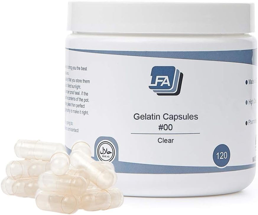 Taille 00 Capsules vides - Gélatine claire - 120 Count Jar - Convient à Capsule Machine Remplissage Plateau - Bouchons de gel de boeuf rejoints Easy Snap pour les pilules de supplément de poudre de bricolage - Halal certifié