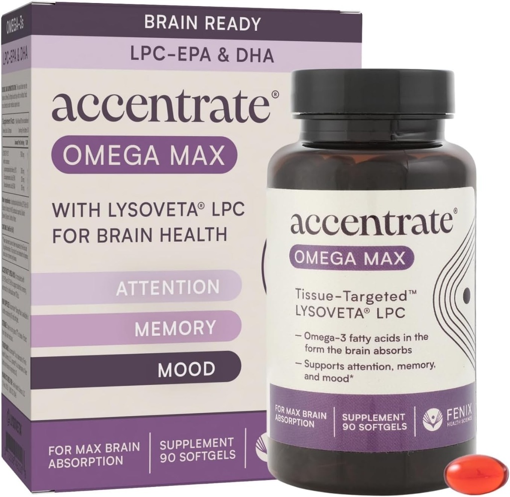 Omega Max w/LYSOVETA LPC EPA & DHA Suppléments pour la santé du cerveau et de la rétine Focus, attention, mémoire, humeur et vision 6X Absorption plus élevée que l'huile de poisson