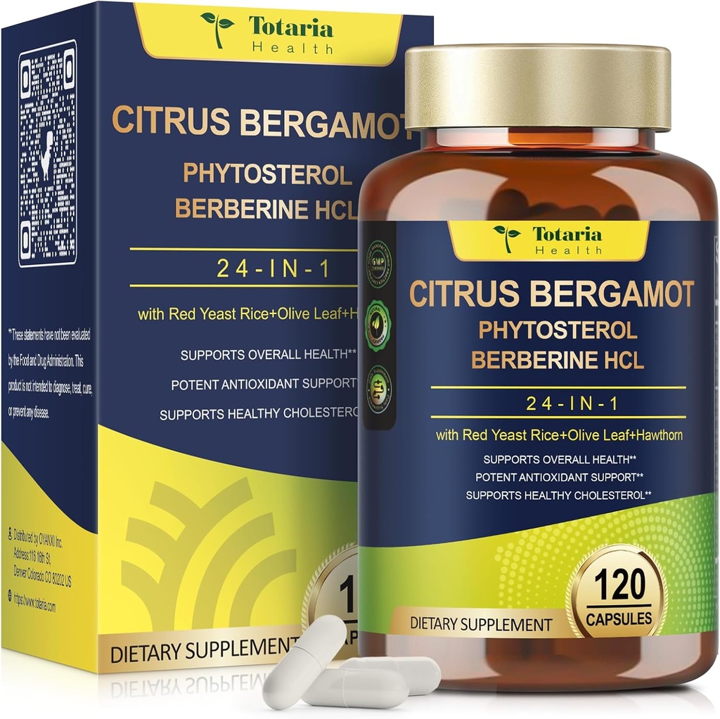 Totaria Citrus Bergamot Supplement for High Cholesterol - Italian Citrus Bergamot Supplement & Plant Sterols Stanols for Man and Woman Cholesterol Health, Vegan, Non-GMO, 120 Counts