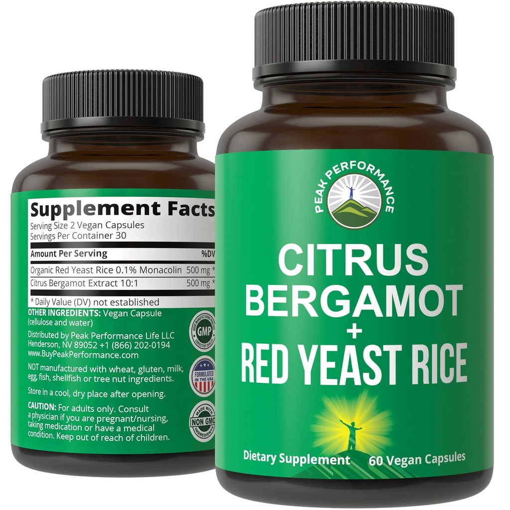 Citrus Bergamot + Riz de levure rouge. Supplément 2 en 1. Haute résistance 10:1 Extrait de Bergamote. Pas de gluten, Zéro sucre, Capsules végétaliennes