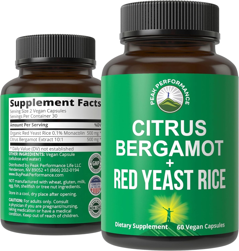 Citrus Bergamot + Riz de levure rouge. Supplément 2 en 1. Haute résistance 10:1 Extrait de Bergamote. Pas de gluten, Zéro sucre, Capsules végétaliennes