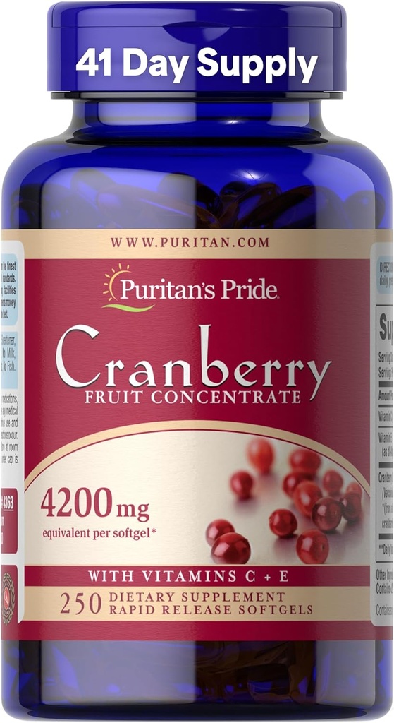 Puritan's Pride Premium Cranberry Fruit Concentrate 84 mg (4200 mg équivalent) avec des vitamines C et E, complément alimentaire pour le système immunitaire, 4 mois d'approvisionnement, 250 softgels à libération rapide