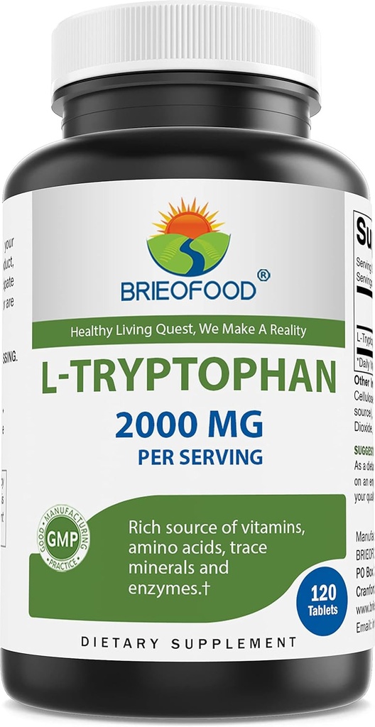 Brieofood L-Tryptophane 2000mg par portion - 120 comprimés - soutient l'humeur poisitive et la relaxation