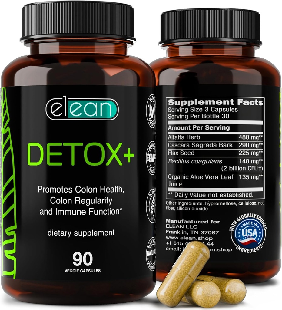 ELEAN Detox Plus mélangé avec Probiotic, Alfalfa, Graine de lin, Aloe Vera biologique, l'écorce Sagrada d'Alexara pour le nettoyage des colonies, la santé de Gut, la santé digestive et le soin total des colonies.