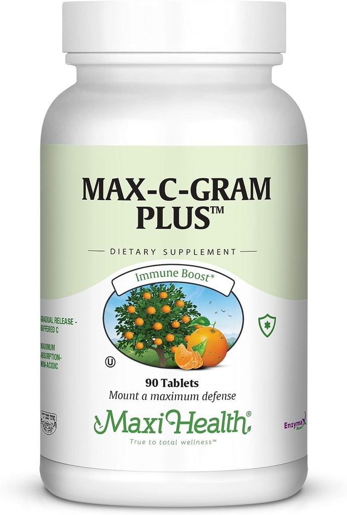 Maxi Health Vitamine C 1050mg – Complexe C tamponné avec ascorbate de calcium et bioflavonoïdes – Supplément de soutien immunitaire, non acide, doux sur l'estomac, libération progressive – 90 comprimés