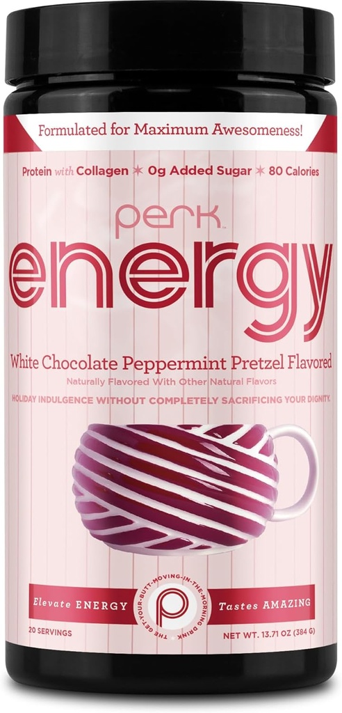 Perk Energy Original Chocolat blanc Poppermint Pretzel Drink Mix (20 portions) - Sans gluten, sans soja, sans arachide