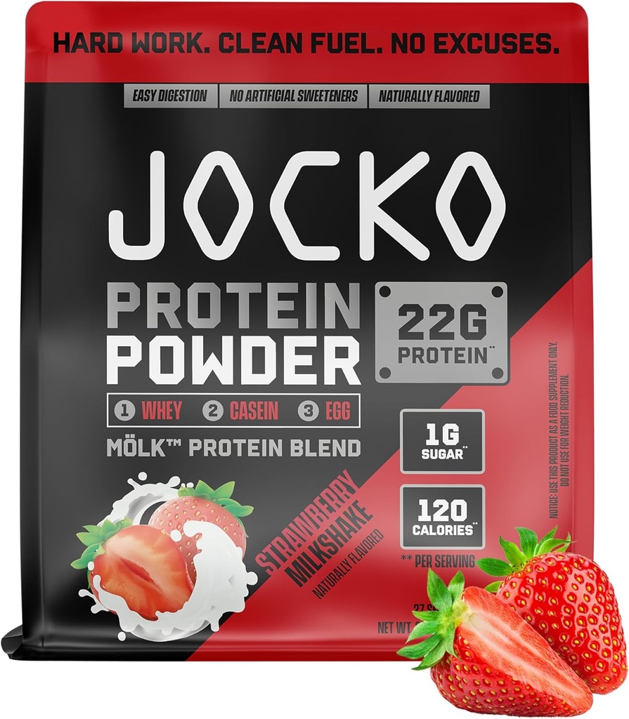 Jocko Carburant Mölk Whey Poudre de protéines 22g Mélange de fruits à faible teneur en sucre - Récupération et croissance musculaires, emballage Mai Vary (27 portions, fraise)