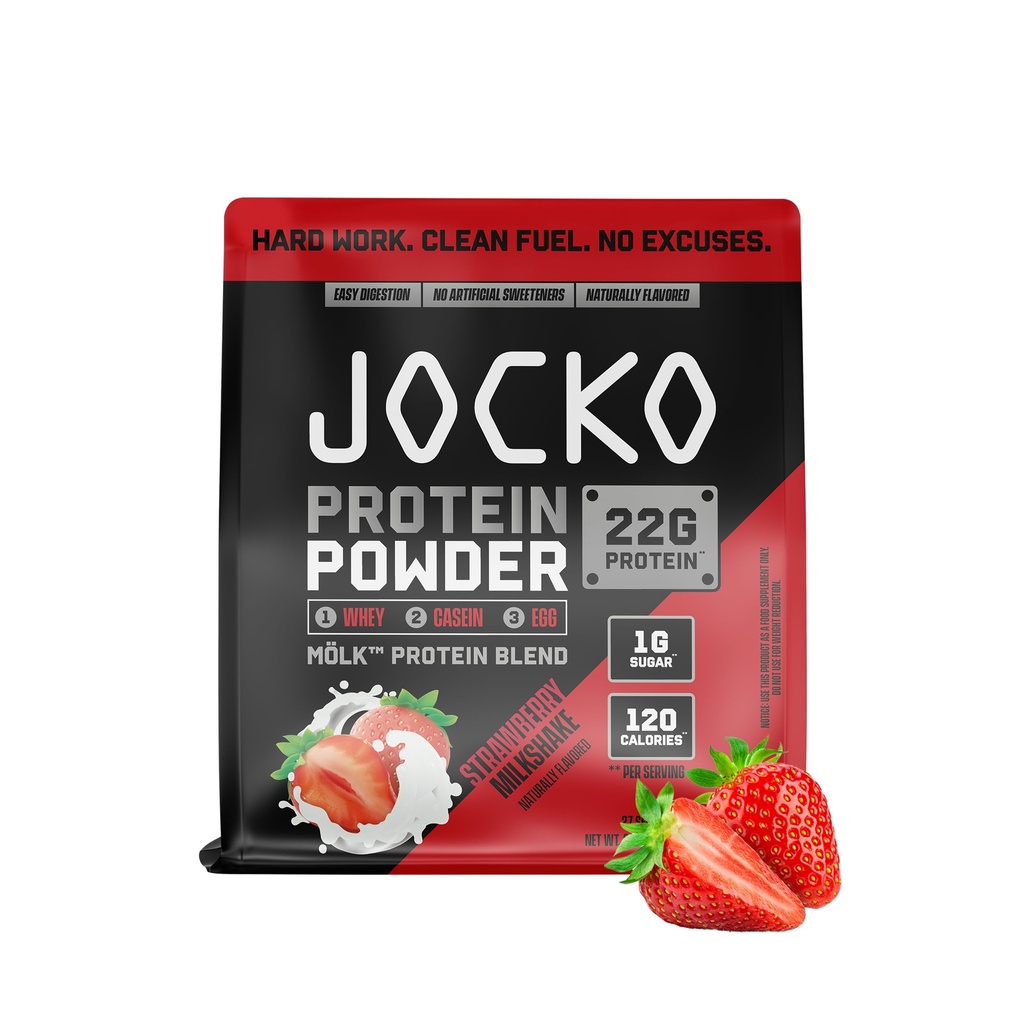 Jocko Carburant Mölk Whey Poudre de protéines 22g Mélange de fruits à faible teneur en sucre - Récupération et croissance musculaires, emballage Mai Vary (27 portions, fraise)