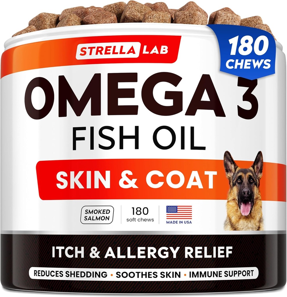 StrellaLab Omega 3 pour chiens - (180Ct) Treats à l'huile de poisson - Supplément pour peau et manteau anti-allergie et démangeaisons - Traitement de la peau et des taches chaudes démangeaisons sèches - Huile de saumon d'animaux de compagnie Chews - Saveur de saumon fumée