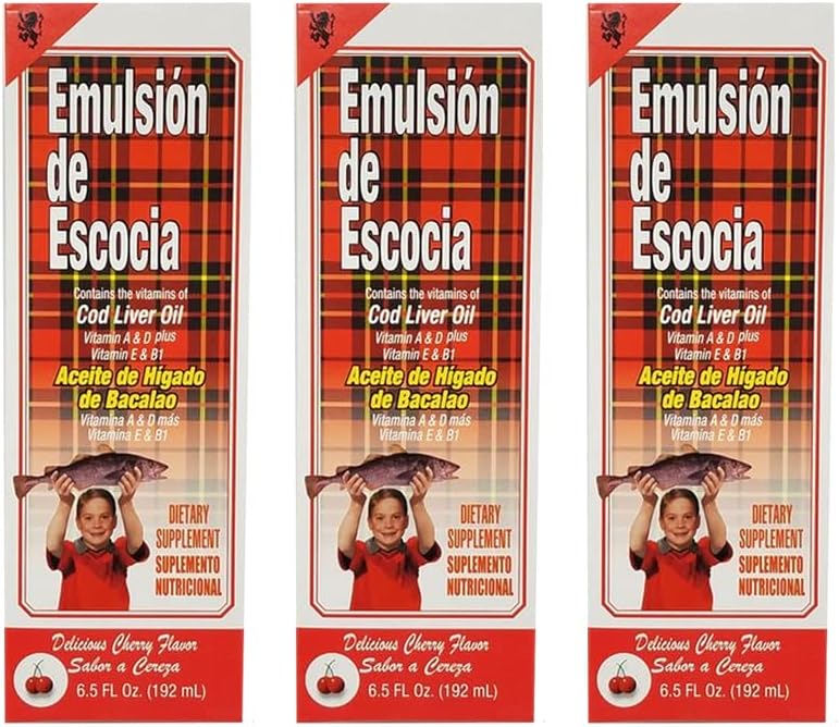 Emulsion de Escocia Cod Supplément alimentaire huile de foie. Riche en vitamines A, D, E et B1. Saveur de cerise. 6,5 Fl Oz / 192 mL. Boîte de 3
