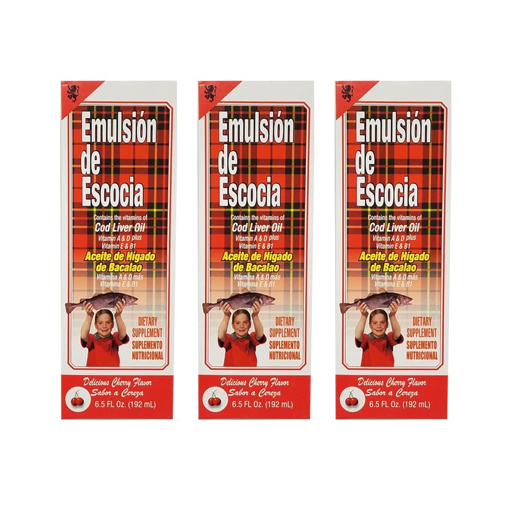 Emulsion de Escocia Cod Supplément alimentaire huile de foie. Riche en vitamines A, D, E et B1. Saveur de cerise. 6,5 Fl Oz / 192 mL. Boîte de 3