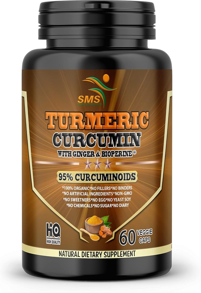 Curcumine curcumine avec gingembre, poivre noir BioPerine, 95% Curcuminoides, soutien naturel articulaire et inflammatoire santé, supplément tumérique antioxydant, 60 Capsules de légumes, Fabriqué aux États-Unis, par SMS