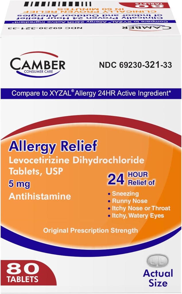Camber Soins aux consommateurs Dichlorhydrate de Levocetirizine 5mg Comprimés antihistaminiques, Comparer à l'ingrédient actif Xyzal, médicament antiallergique (80 comte)