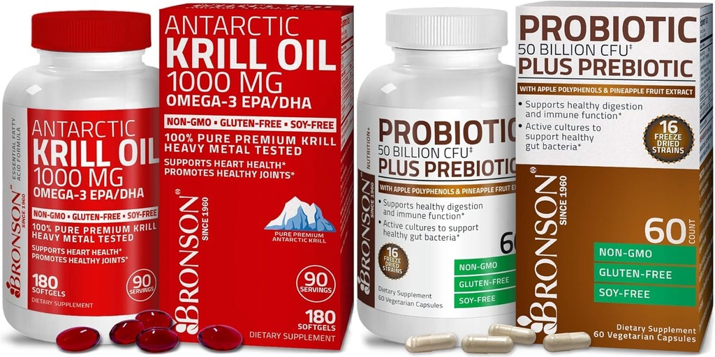 Bronson Probiotique 50 milliards CFU + Prébiotique avec des polyphénols de pomme et des fruits d'ananas Extrac Huile de krill de l'Antarctique 1000 mg avec Oméga-3s EPA DHA