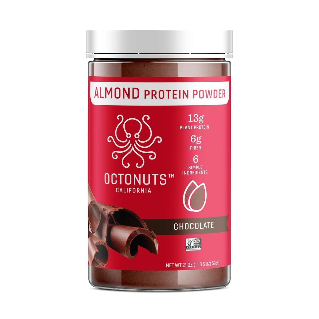 OCTONUTS Poudre de protéines d'amande de chocolat 21 oz – Protéine végétalienne à base végétale – Mélange propre à faible teneur en glucides avec 13 g de protéines, 6 g de fibre – Keto, Paléo, sans gluten, sans lait – Idéal pour les smoothies, les shakes