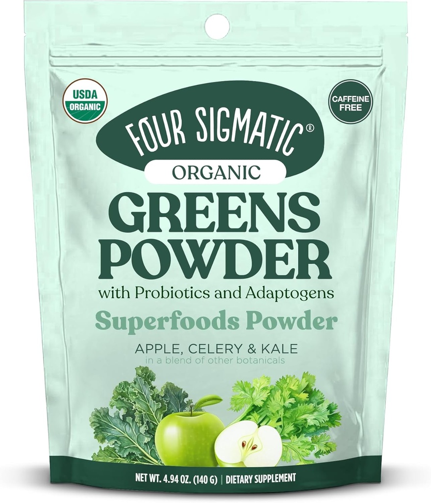 Quatre Verts Biologiques Sigmatic Poudre de Greens Superfood Poudre avec Probiotiques et Prébiotiques Super Greens avec Moringa, Chaga & Turkey Tail.