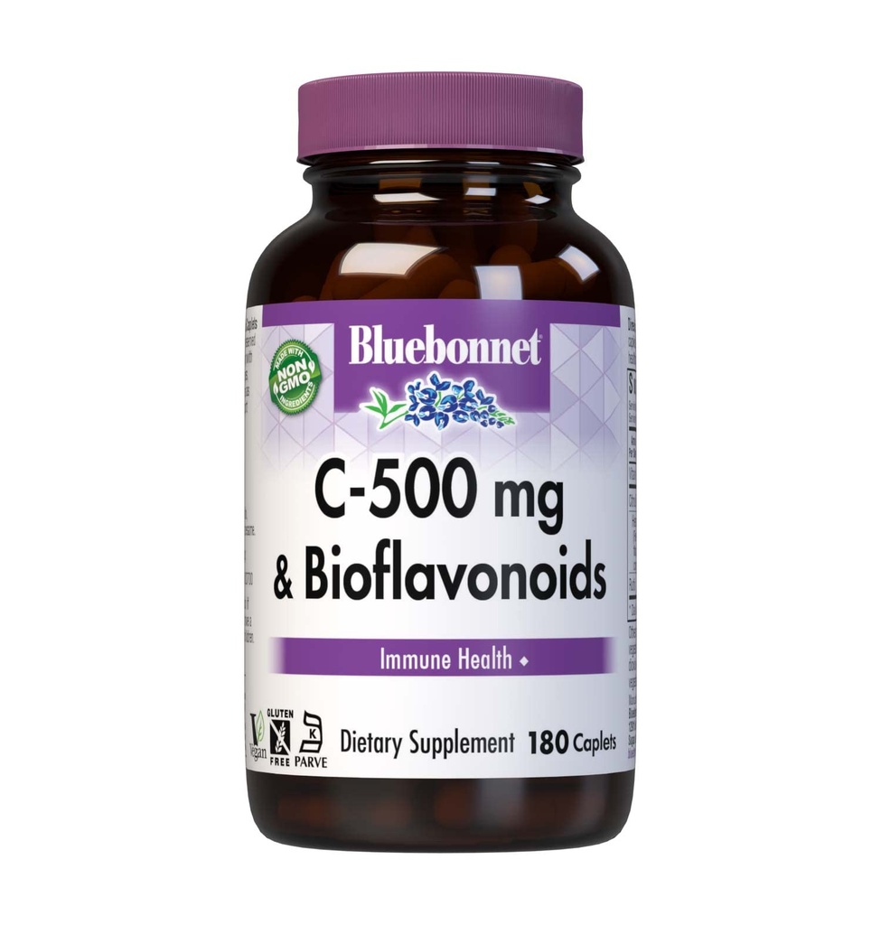 Bluebonnet Nutrition C-500 mg Plus Bioflavonoïdes Caplets, Vitamine C 500 mg, Citrus Bioflavonoïdes 250 mg, pour la santé immunitaire, sans soja, sans gluten, sans OGM, sans casher, sans produits laitiers, végétalien, 180 capsules