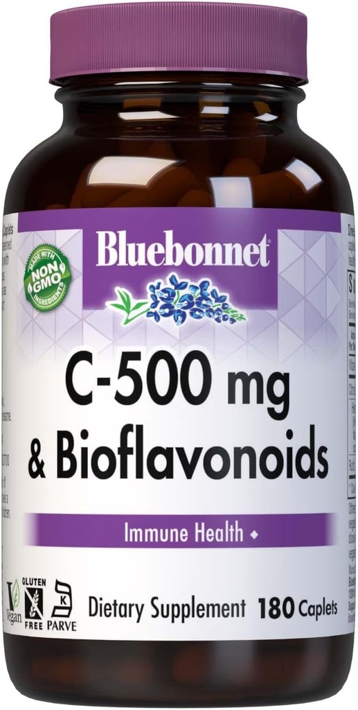 Bluebonnet Nutrition C-500 mg Plus Bioflavonoids Caplets, Vitamin C 500 mg, Citrus Bioflavonoids 250 mg, for Immune Health, Soy Free, Gluten Free, Non-GMO, Kosher, Dairy Free, Vegan, 180 Caplets