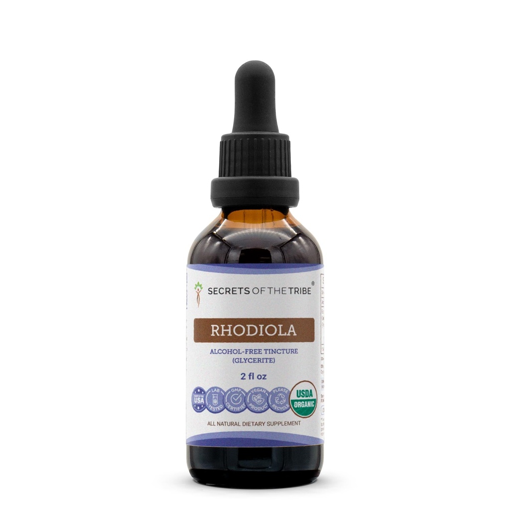 Secrets de la Tribe Rhodiola USDA Organic (Extrait sans alcool, gouttes à base de plantes de haute puissance) Fabriqué à partir de 100 % de Rhodiola biologique certifiée (Rhodiola Rosea) Racine séchée 2 oz