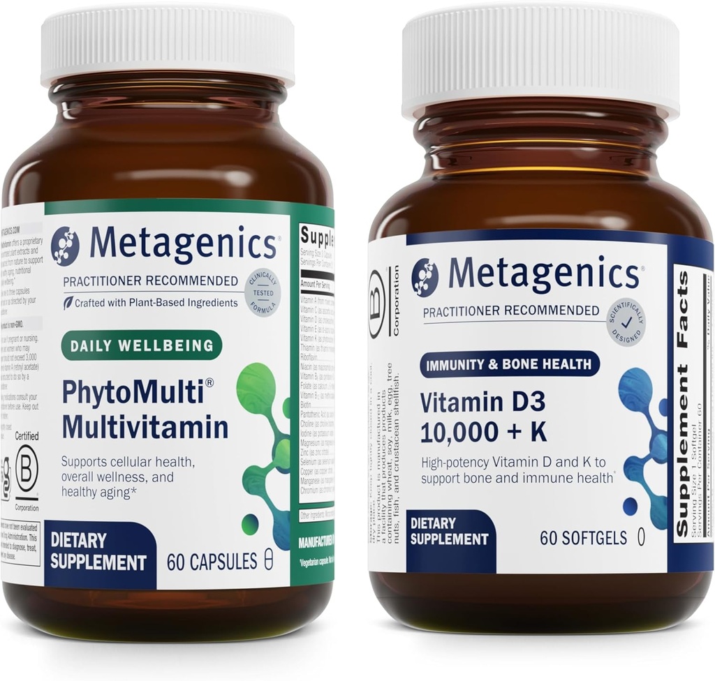 Métagénique - PhytoMulti & D3 10 000 + K - 60 Capsules de PhytoMulti pour les hommes et les femmes - 60 Softgels de D3 10 000 + K pour le soutien immunitaire, la santé osseuse et la santé cardiaque