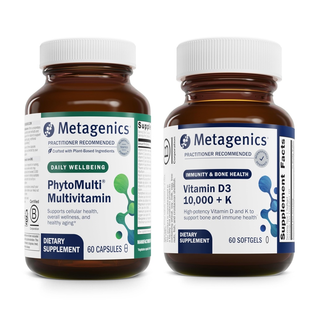 Métagénique - PhytoMulti & D3 10 000 + K - 60 Capsules de PhytoMulti pour les hommes et les femmes - 60 Softgels de D3 10 000 + K pour le soutien immunitaire, la santé osseuse et la santé cardiaque