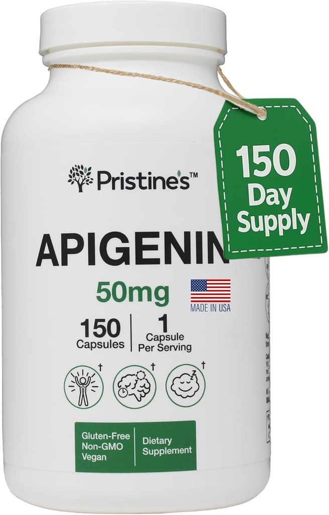 PRISTINE'S Apigenin Supplément pour capsules de sommeil - 50mg 150 jours d'approvisionnement - Prostate & Sleep Support Trouvé dans la poudre de camomille pour la relaxation, le vieillissement en santé, la santé du cerveau et du coeur, et l'immunité