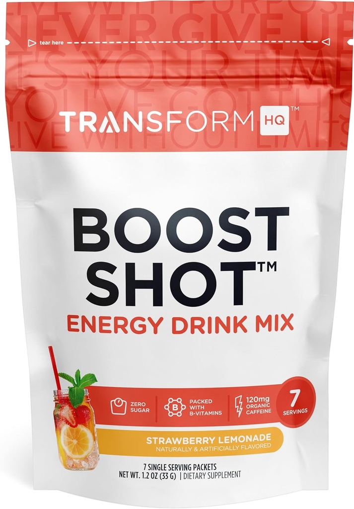 TransformHQ Boost Shot Powder Drink Packets, Lémonade aux fraises, 7 Pack, Suppléments énergétiques pour les femmes et les hommes, avec caféine, vitamine B12, B9, B6 & B3