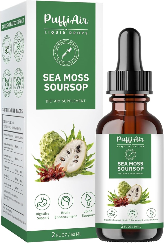 PUFFIAIR Sourop (Graviola) et goutte liquide de mousse de mer pour le soutien cellulaire et la régénération, Immune Boost, Relax, foie et sommeil, Extrait à base de plantes, sans sucre/gluten, saveur naturelle, 2 Fl Oz/60ml
