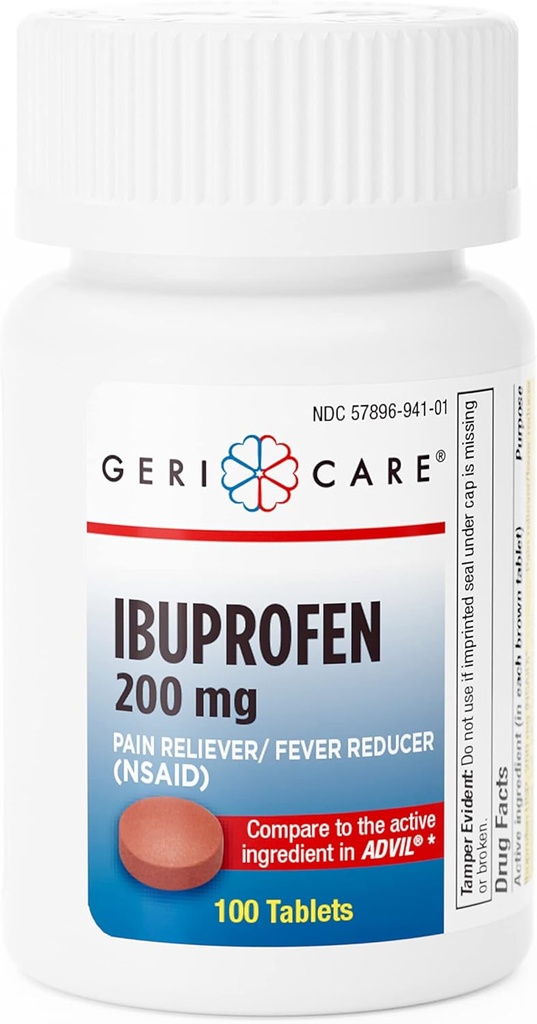 GeriCare Ibuprofen 200mg anti-douleur et réducteur de fièvre – Comprimés pour les maux de tête, les rhumes, les dents et la douleur articulaire 100 Compte (paquet de 1)