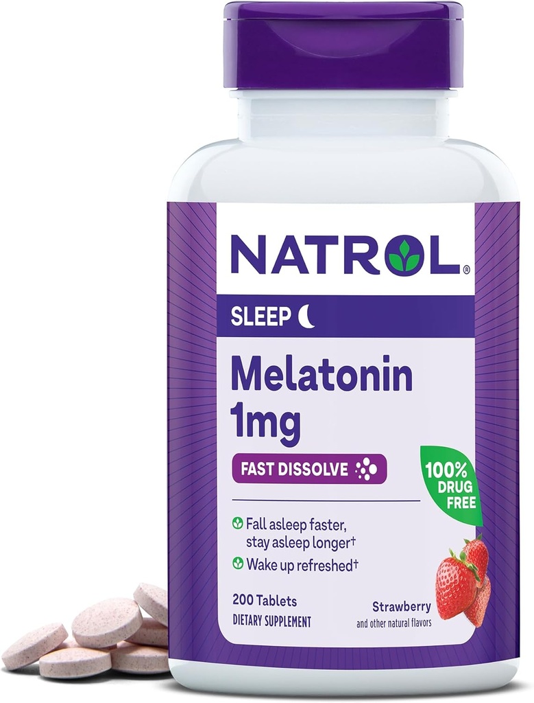 Natrol Fast Dissolve Melatonin 1 mg, Supplements for Restful Sleep, Sleep Support for Adults, 200 Strawberry-Flavored Melatonin Tablets, Up to a 200 Day Supply