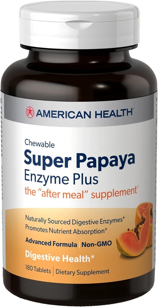 American Health Super Papaya Enzyme Plus - 180 comprimés à croquer - Le supplément après-repas - Non-OGM - 60 portions