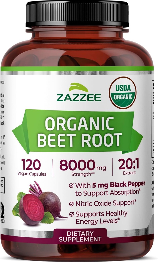 Zazzee USDA racine de betterave biologique 8000 mg de force 20:1 extrait, 120 capsules véganes à libération rapide, extrait de poivre noir pour l'absorption améliorée, supporte la production d'oxyde nitrique, non-OGM, fabriqué aux États-Unis