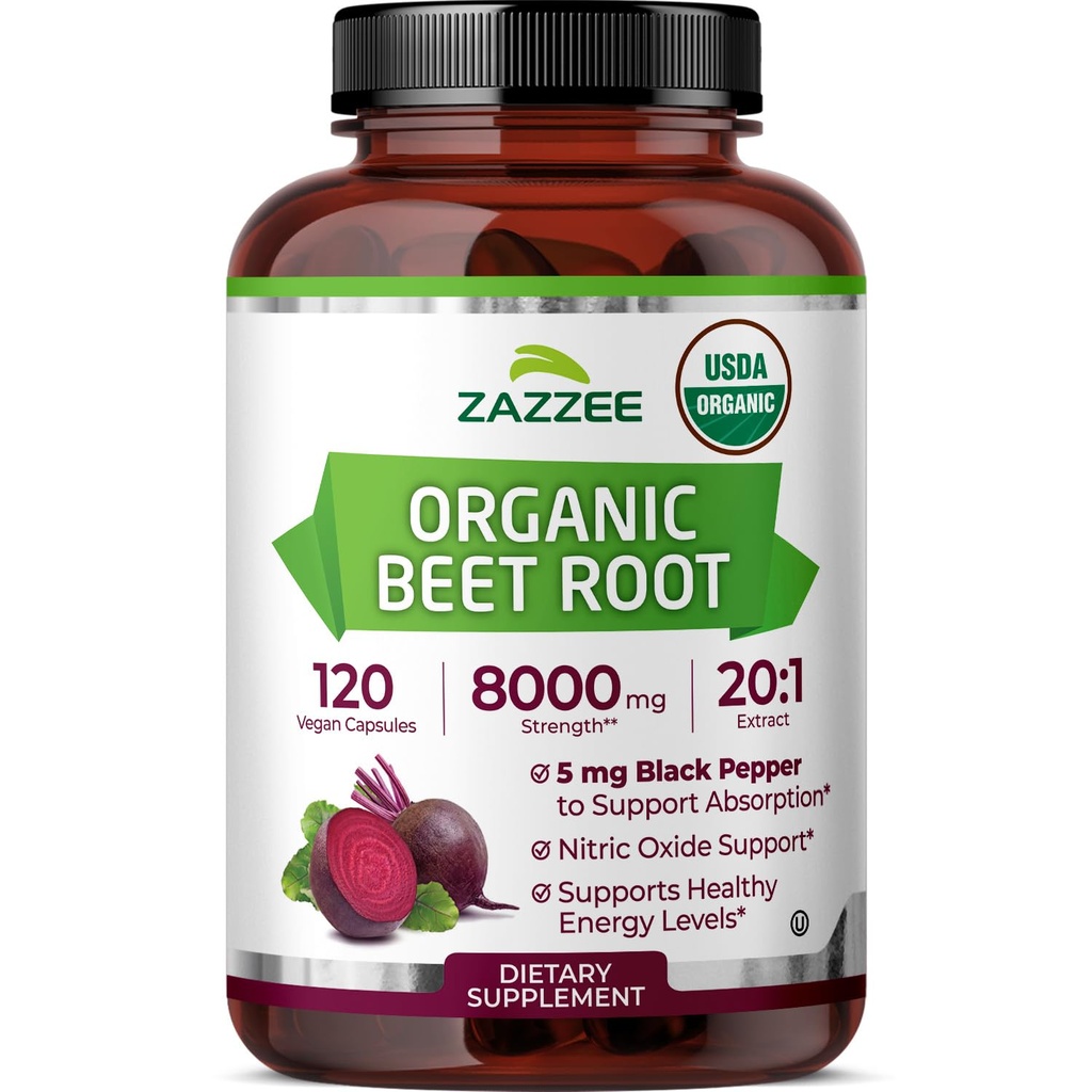 Zazzee USDA racine de betterave biologique 8000 mg de force 20:1 extrait, 120 capsules véganes à libération rapide, extrait de poivre noir pour l'absorption améliorée, supporte la production d'oxyde nitrique, non-OGM, fabriqué aux États-Unis
