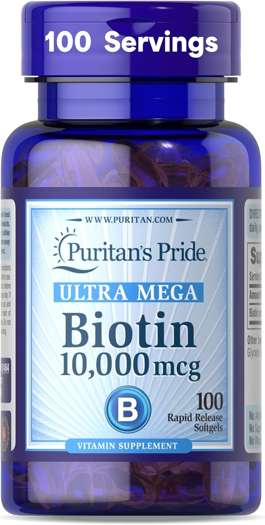 Puritan's Pride Premium Ultra Mega Biotin 10 000mcg, complément alimentaire pour cheveux sains, peau, ongles et soutien au métabolisme énergétique, 100 jours d'approvisionnement, 100 softgels à libération rapide
