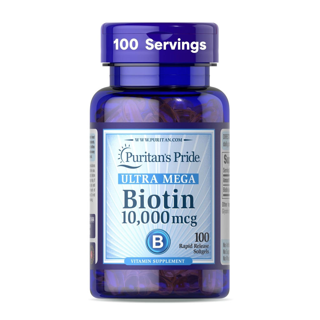 Puritan's Pride Premium Ultra Mega Biotin 10 000mcg, complément alimentaire pour cheveux, peau, ongles et soutien au métabolisme énergétique, 100 jours d'approvisionnement, 100 softgels à libération rapide