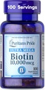 Puritan's Pride Premium Ultra Mega Biotin 10 000mcg, complément alimentaire pour cheveux sains, peau, ongles et soutien au métabolisme énergétique, 100 jours d'approvisionnement, 100 softgels à libération rapide