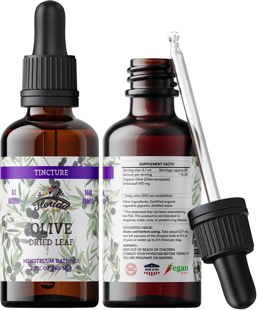 Teinture de feuille d'olive biologique, extrait d'olive liquide (Olea europaea) Supplément à base de plantes séchées, non-OGM dans la glycérine végétale biologique pressée à froid, 700 mg, 2 oz (60 ml)