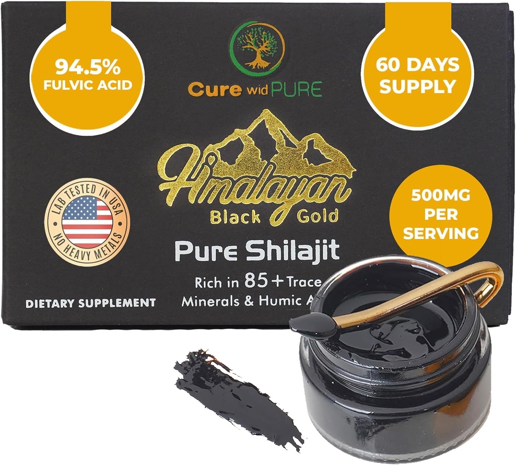 Cure wid Pure Himalayan Shilajit pour les hommes et les femmes – Résine acide fulvic 94,5 %, 500 mg 60 portions – Adaptogène biologique testé en laboratoire pour l'énergie, la vitalité et l'équilibre hormonal