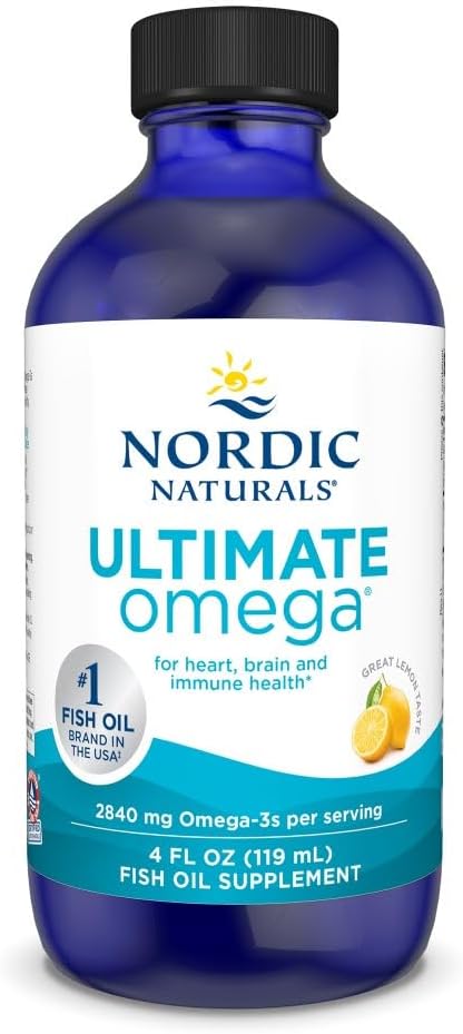 Nordic Naturals Ultimate Omega Liquid, Lemon Flavor - 4 oz - 2840 mg Omega-3 - Supplément d'huile de poisson de haute puissance avec EPA et DHA - Promotion de la santé cérébrale et cardiaque - Non-OGM - 24 portions