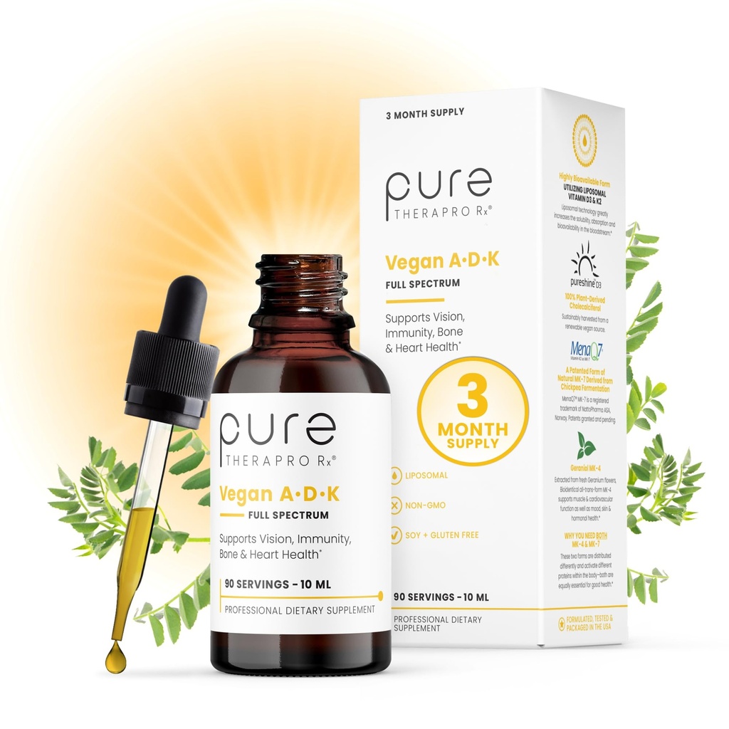 Pure Therapro Rx Vegan A-D-K Drops 10 Ml, Fabriqué aux États-Unis.Approvisionnement de 3 mois.