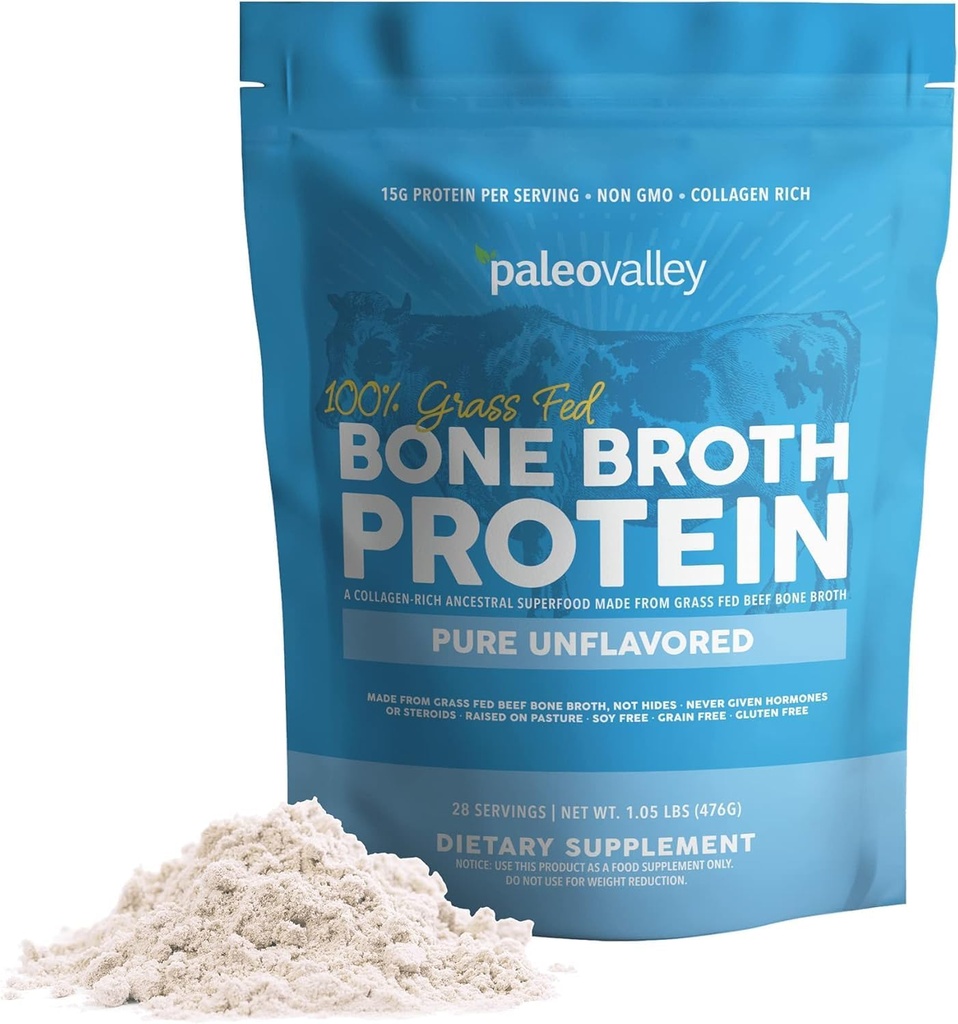 Paleovalley Poudre de protéines de tourteaux de boeuf à l'herbe 100 % - Riche en peptides de collagène pour les cheveux, la peau, la santé des intestins, les os et les articulations - 15g de protéines par portion - Pas de gluten ou d'OGM