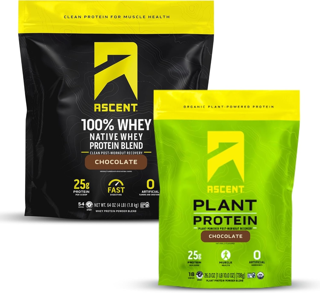 Ascent Whey 4 lb + poudre de protéines végétales 18 portions - chocolat