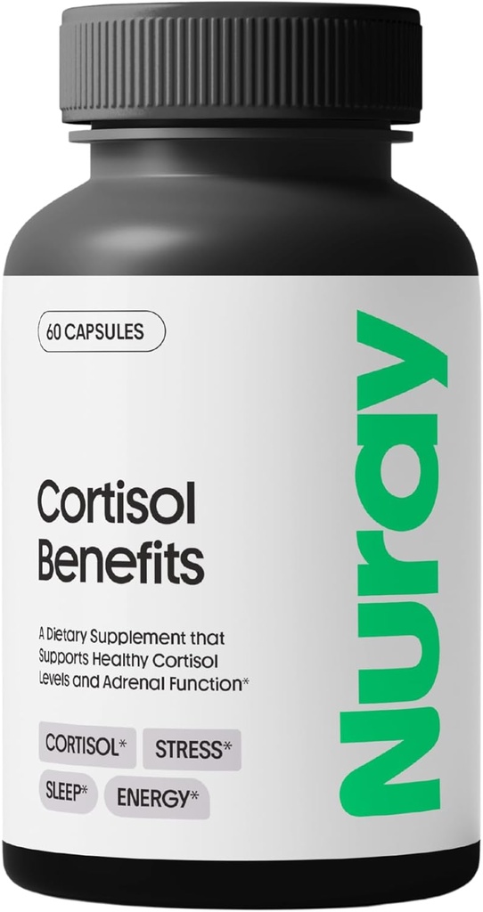 Nuray Cortisol Benefits Supplement - Adrenal Support with Rhodiola Rosea Supplement, Ashwaghanda - Gluten-Free, Vegetarian, Promotes Energy - 60 Capsules