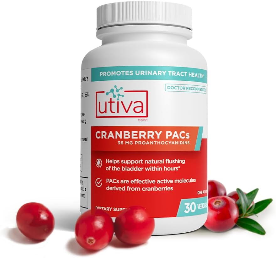 Utiva Cranberry PACs – Ingrédients cliniquement étudiés 36mg PACs Extrait - UTI Prévention pour les femmes - Santé des tracts urinaires – Pilules de supplément de canneberge pour la santé vésiculeuse, 30 capsules Vegi