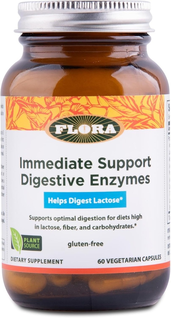 Flora - Support immédiat Enzymes digestifs - Supports Lactose Digestion, Bloating, Heartburn & Gas - Contient 7 Enzymes - Sans gluten - 60 Capsules végétariennes