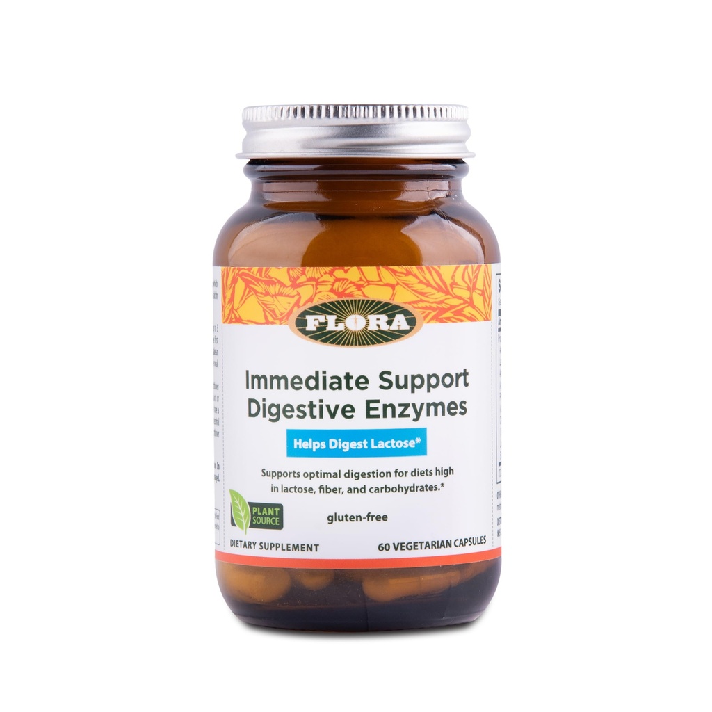 Flora - Support immédiat Enzymes digestifs - Supports Lactose Digestion, Bloating, Heartburn & Gas - Contient 7 Enzymes - Sans gluten - 60 Capsules végétariennes