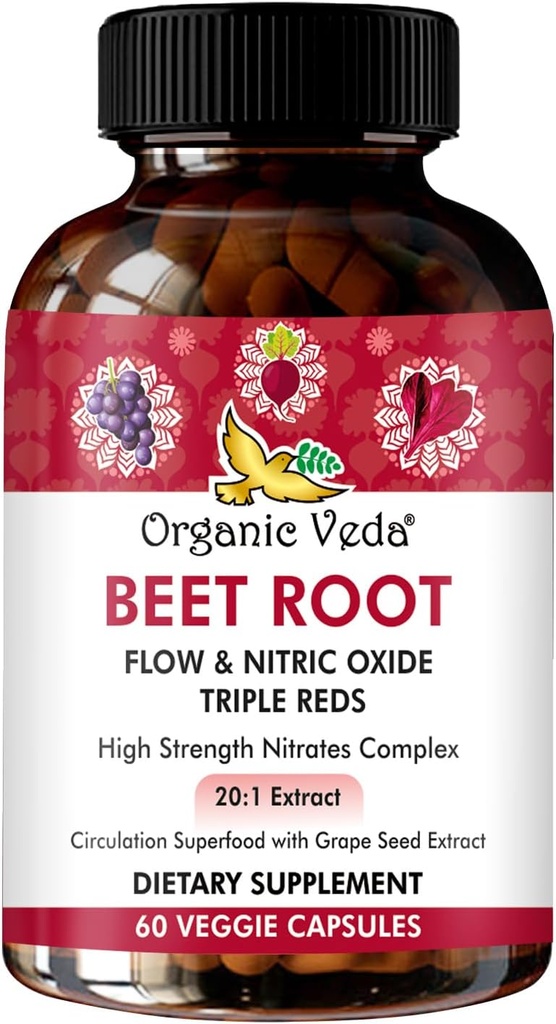 Organic Veda Beet Root Triple Reds Flow & Nitric Oxide Supplement, 20:1 Extract -High Strength Nitrates Supplements with Super Red Foods Beetroot, Pomegranate, Red Spinach Extract, 60 Capsule