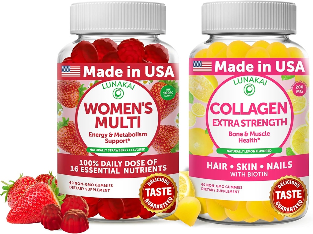 Lunakai Femmes Multi et collagène Gommies Combo - Suppléments tout naturel, sans gluten, sans sirop de maïs 60 ct Collagène et 60 ct Multivitamines pour femmes - 30 jours d'approvisionnement