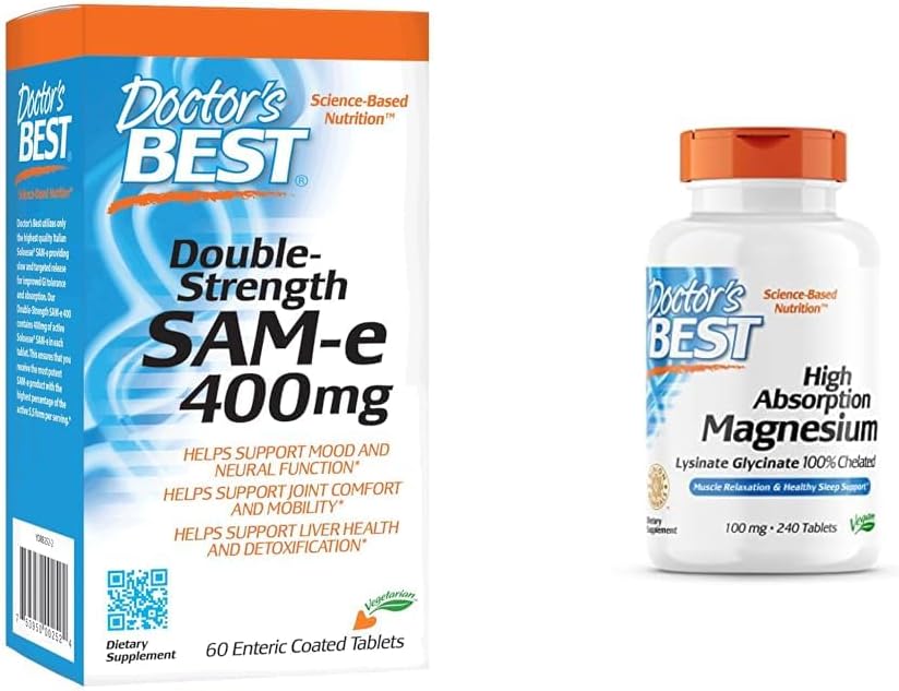 Meilleur SAM-e de docteur 400 mg, végétalien, sans gluten, sans soja, sans l'humeur et le soutien des articulations, 60 Enteric Coated & High Absorption Magnésium Glycinate Lysinate, 100% Chélaté, Non-OGM, végétalien, gluten